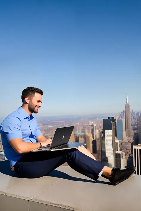 Digital marketing expert on his laptop sitting on a skyscraper ledge in NY overlooking the huge city