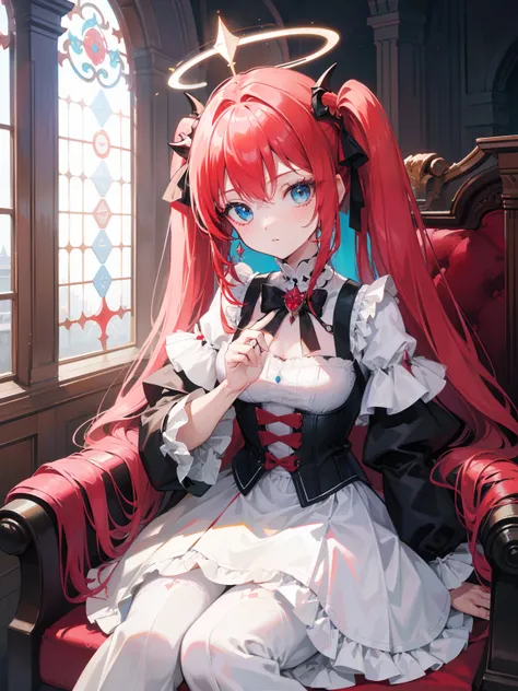 {{best quality}}, {{masterpiece}}, {{ultra-detailed}}, {illustration}, {detailed light}, red hair, blue eyes, twintails, crown,halo,jewelry eyes, jewel like eye,sitting on,church,fantasy, lolita fashion, closed mouth, dragon horns, loli，Floating hair,Maste...