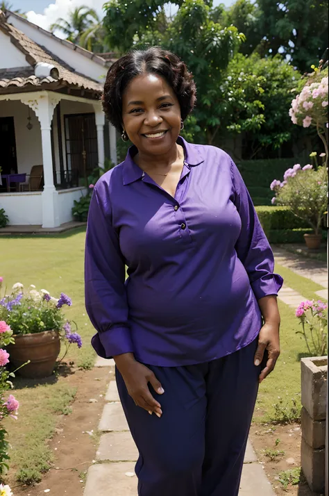 Elderly black woman, brazilian, chubby, (Smiling a lot), (Wearing a purple blouse and pants). Standing in the garden of the house, (The background of the image has a blue clean skyand some flowers) Background is blurred