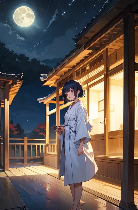 Cute girl with fashionable short haircut,bathrobe,autumn night,Japanese houses,veranda,Moon,Illustration in pencil drawing style