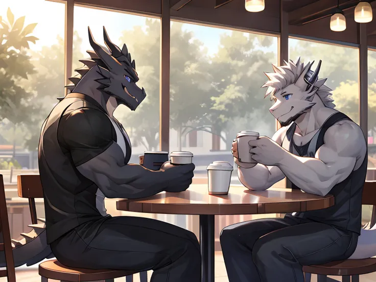 (Best Quality), 1Male,  (Furry Gray Dragon), Blue Eyes, White Medium Hair, Casual Set, Muscular, Good Looking, Smiling, 1Male, (Furry Black Dragon), Purple Eyes, Gray Medium Hair, Gray Facial Hair, Casual Set, Good Looking, Muscular, Smiling ((Gray Dragon ...