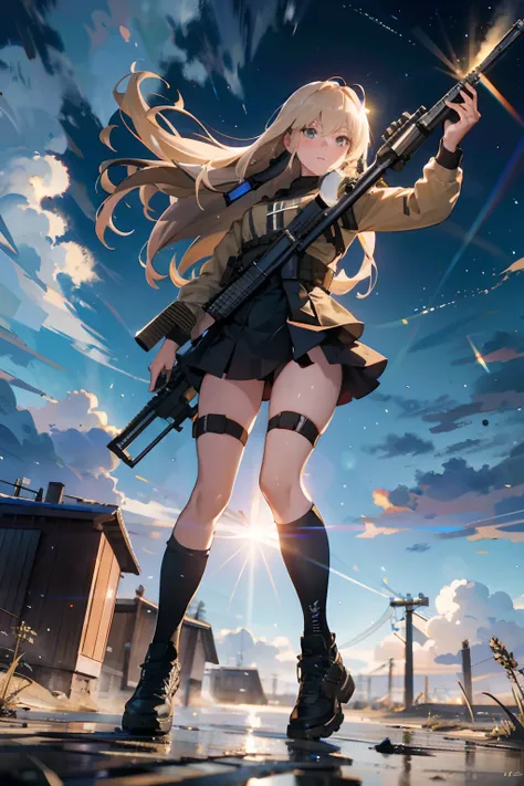 {{Masterpiece, top quality, highly detailed CG, unified 8k wallpaper, movie lighting, lens flare}}, girl shooting rifle, wide view, full body, thick body, long blond hair, green eyes, (holding a weapon, holding a rifle, aiming, aiming: 1.4), gun, h&k hk416...