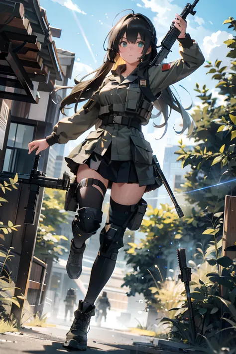 {{Masterpiece, top quality, highly detailed CG, unified 8k wallpaper, movie lighting, lens flare}}, girl shooting rifle, wide view, full body, thick body, long blond hair, green eyes, (holding a weapon, holding a rifle, aiming, aiming: 1.4), gun, h&k hk416...