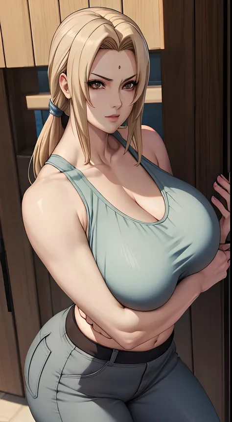 Tsunade, Gigantic Mature Tits : 8.9, Wearing Tight Tank Top, Wearing Tight Short Pants, PAWG, Curvy body, Full body, perfect ABS, Perfect body, ultra-reallistic corrected body, standing, at Fitness place, Seductive look, 64K HDR, cowboy shot.