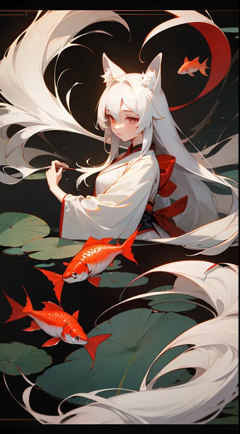 ((4k,masterpiece,best quality)), shuimobysim, Chinese painting, lotus, hanfu, maxiskit, dressed conservative 1 girl, solo, white hair, long hair, fox ears, white, fish, many fish close to girl,