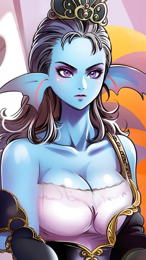 8K,high quality,anime,married woman,beautiful,beautiful,bright,eye highlights,purple eyes,sexy,super big tits,oversized boobs,dark blue nipples,erotic,beautiful line drawing. Blue skin, blue and orange gradient fins, nude, nothing on, nothing on, nothing o...