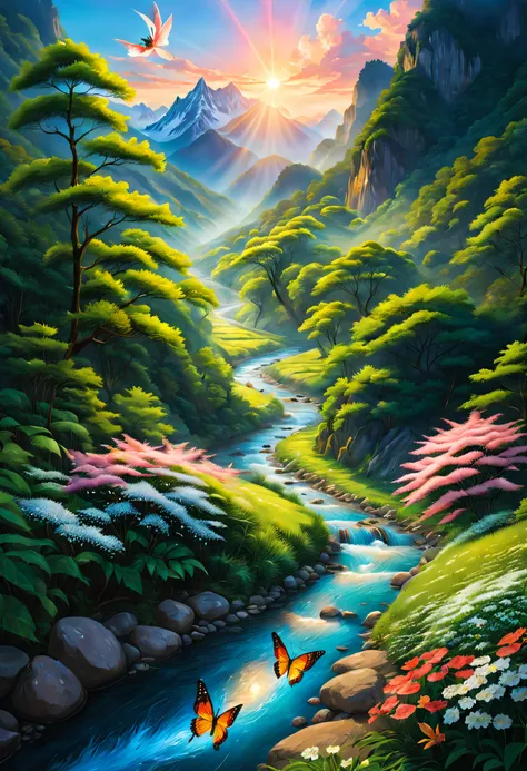 A valley gently caressed by the sun。In this land of tranquility，A crystal clear stream flows gently，Its like a beautiful curve drawn by nature，Dotted along the way are dotted with delicate wildflowers。The stream is like a living dragon，It shines crystal cl...