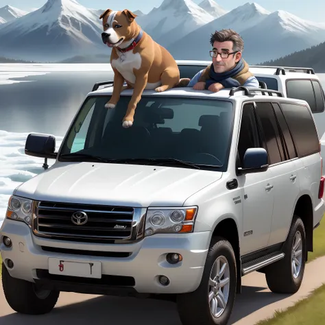 Disney Pixar animation of a tanned  chubby Middle Aged Italian man, with glasses and dark grey short hair. grey stubble. wearing a navy Gilet and cargo trousers and boots cuddling  with a white male American STAFFORDSHIRE terrier dog, with rings around his...