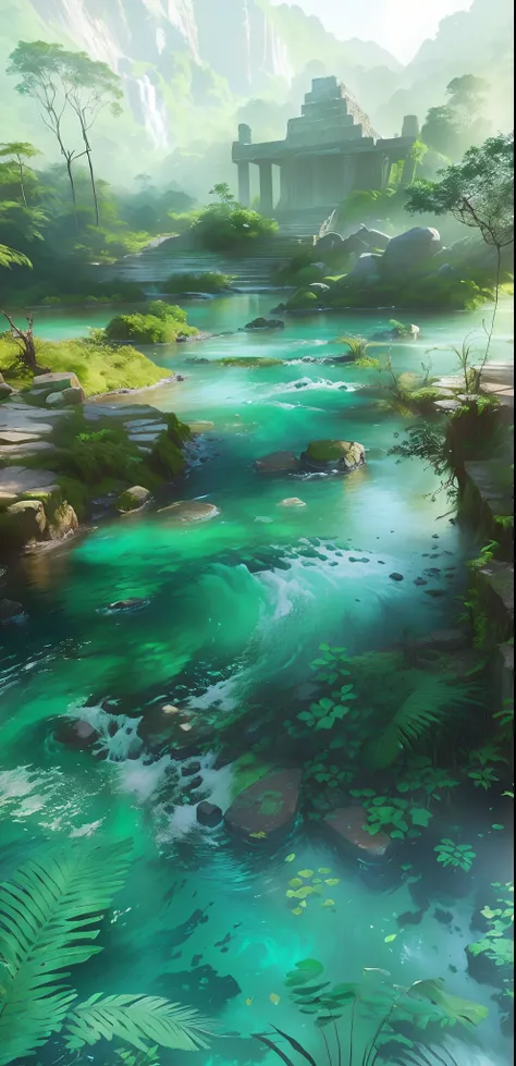 There is a creek in the rainforest，There are many trees on both sides of the stream, At the end of the stream is the Mayan Temple，painterly concept art, 8k resolution digital painting, 8 k resolution digital painting, vibrant water river, Unreal Engine Dig...