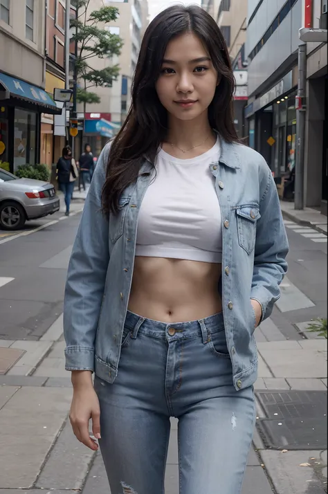 asian,sexy,d cup size,ultra realistic,complete body,on the street,city,blue long jeans,short grey jacket,white t-shirt,smiley face,innocent look,spectacular photo