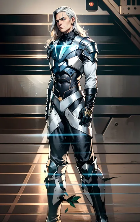 A middle-aged man, long platinum-blond hair, neatly combed hair, a square face, a serious expression, sharp eyes, tall figure, a dark fantasy-realistic style bodysuit, short sleeve, a silver-white chestplate, gloves with metal accessories, three metal blad...