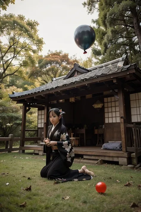 Black goat, eating leaves on the ground, enchanted forest, an elf on its back, balloons in the background, a thin Japanese woman, dressed in a kimono, wooden sandals