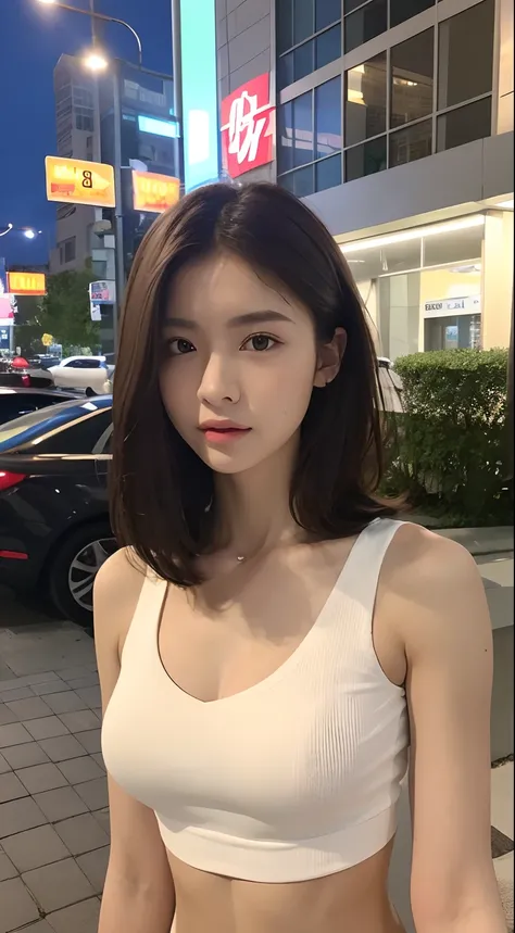 ((Realistic lighting, Best quality, 8K, Masterpiece: 1.3)), Clear focus: 1.2, 1girl, Perfect Figure: 1.4, Slim Abs: 1.1, ((Dark brown hair)), (White crop top: 1.4), (Outdoor, Night: 1.1), City streets, Super fine face, Fine eyes, Double eyelids,