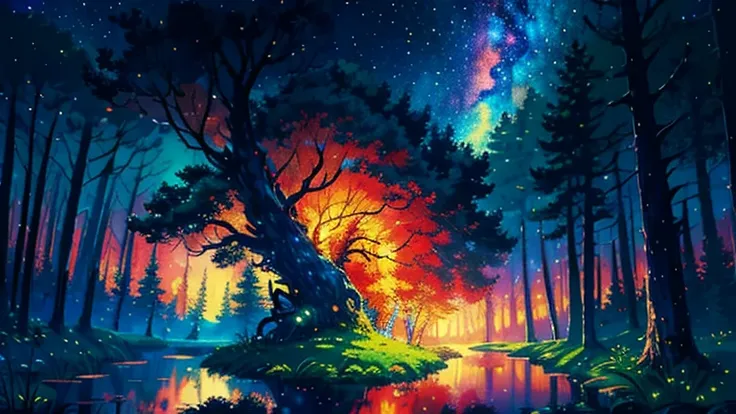 Illustration, cartoon, soothing tones, calming colors, (anime), (illustration), cartoon, detailed, masterpiece, beautiful landscape, (1 giant tree in the middle), forest, pond, path, night, nebula, starry sky, 8k, best quality, dark shot, detailed