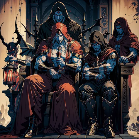 Castlevania Hyper Realistic Shadow Lord Super Detailed Dynamic Plan Master Piece of Lord Dracula Medieval Arab Warrior with Red Turban Scary Face Hokuto No Ken Structure Muscular Face Kenshiro Sitting in His Great Legendary Moroccan Throne Surrounded by De...