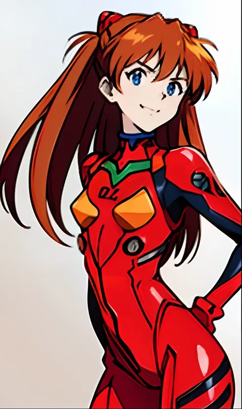 high-level image quality、high-detail、Smoothing lineart、Woman with long hair and red suit, asuka suit, plugsuit!, Asuka Langley, Asuka, Asuka Langley Souryu, Asuka Langley、Portrait of Asuka, beautiful asuka from evangelion、Brown hair、Blue eyes、A smile、Looki...