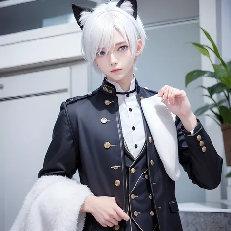 Man, young boy, white hair, blue eyes, cat ears, neko