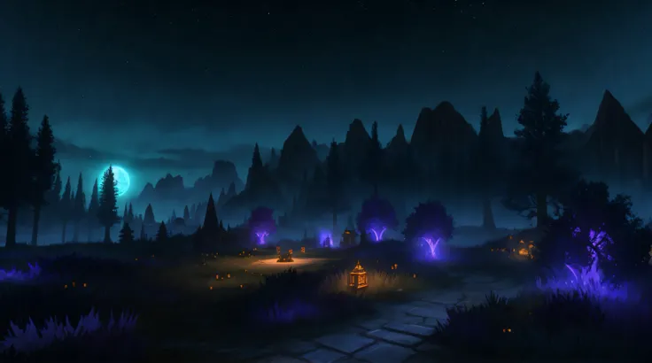 world of warcraft, landscape from the night elfs, dark night, glowing objects