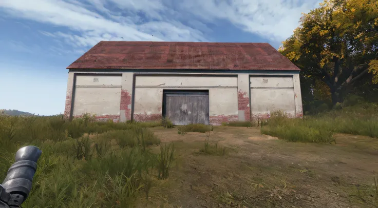 There is a small building with a red roof and a gun in front of it, em dayz, (descansar), textura realista, extremamente hiperdetalhado, hq muito detalhado, highly detailed texture render, cena hiper detalhada, Cena realista, alguma ferrugem, garagem de ca...