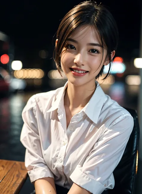 (8K, Best quality, Masterpiece:1.2), (Realistic, photo-realistic:1.37), Ultra-detailed, 1 girl,Cute, Solo,Beautiful detailed sky,Detailed Cafe,Night,Sitting,dated,(nose blush),(Smile:1.15),(Closed mouth) Small breasts,Beautiful detailed eyes,(Collared shir...