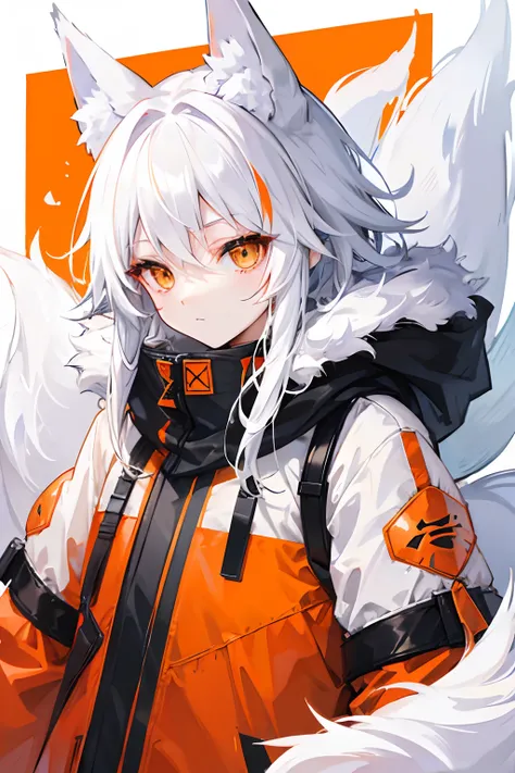 white  hair、Orange Eyes、Fox ear hood、ember、parka、tail