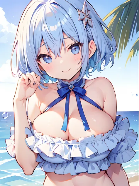 (Best Quality, masutepiece :1.3), short petite pretty woman,Light blue hair、kawaii pose、A smile、Bikini Hide One Eye、Detailed eyes, Pose Seductive,  Smooth skin, (huge-breasted), Round breasts、short-hair、kawaii、