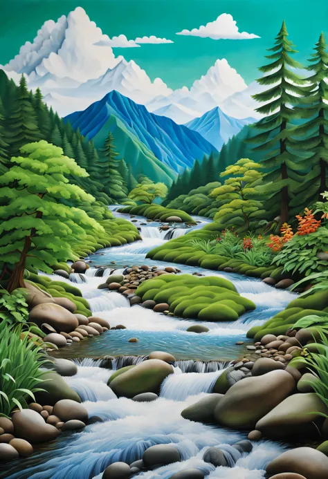 (Best quality,4K,8K,A high resolution,Masterpiece:1.2),Ultra-detailed,(Realistic,Photorealistic,photo-realistic:1.37),Paper crafts, paper cut out, Blue sky, White clouds, Lush green mountains, ((A cheerful stream in a mountain stream，Clear flowing water)),...