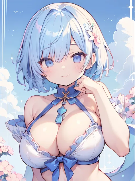 (Best Quality, masutepiece :1.3), short petite pretty woman,Light blue hair、kawaii pose、A smile、Bikini Hide One Eye、Detailed eyes, Pose Seductive,  Smooth skin, (huge-breasted), Round breasts、short-hair、kawaii、