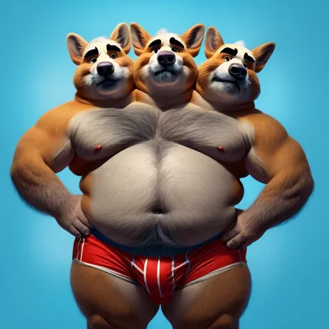 photo of 3heads, red welsh corgi, very fat, overweight, beer belly, older male, old, three headed, one body, thick necks, hairy chest, blue background, hands on hips, thick gray mustache, balding, long gray hair, short gray hair, sweaty, thick eyebrows, an...