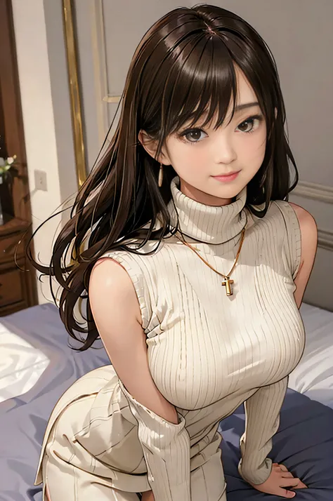 (Light Beige Turtleneck Sleeveless Knit)、pencil skirts、20 year old girl, breasts of medium size,, Tron bulge in the chest、Pinch your chest with your arms、brown haired、Long Wave Hair、hotels room, a necklace、Earring、knee high stockings、 ((Very detailed)), Sh...