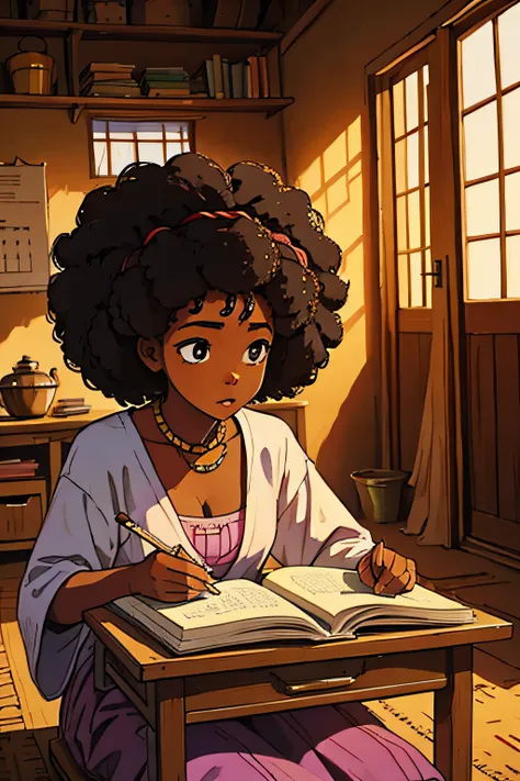 Black Girl ,African girl,afro hair,studying,study,lofi girl,rural african indigenous house interior