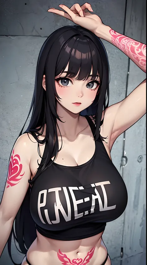 Black Long Hair　Aligned bangs　Colossal tits　Black tank top　Black panties　(a tattoo of entire body:⒈5) (((Tattoos all over the body:⒈5))) Concrete wall background　NSFW