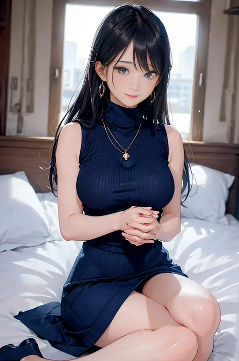 (Dark blue turtleneck sleeveless knit)、pencil skirts、20 year old girl, breasts of medium size,, Tron bulge in the chest、Puffy nipple、Pinch your chest with your arms、brown haired、Long Wave Hair, a necklace、Earring、knee high stockings、 Hotel Bed、lyin in bed、...