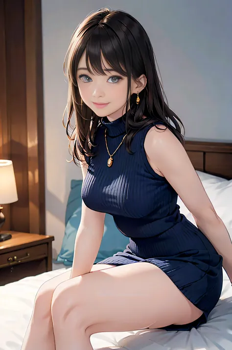 (Dark blue turtleneck sleeveless knit)、pencil skirts、20 year old girl, breasts of medium size,, Tron bulge in the chest、Puffy nipple、Pinch your chest with your arms、brown haired、Long Wave Hair, a necklace、Earring、knee high stockings、 Hotel Bed、lyin in bed、...