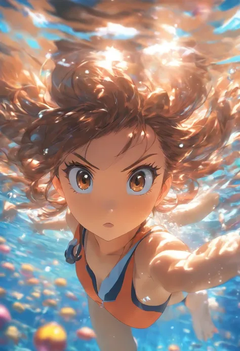 foreshortening,  Depth of field, Masterpiece, Best quality, 1girll, Brown hair, Brown eyes,  Long hair, Underwater, airbubble, Solo, view the viewer, School swim wear, Swimming,  Dappled sunlight,