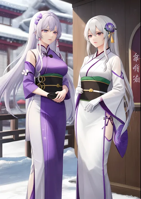 two women，All long white hair，One wears a purple Hanfu，The other was wearing a green hanfu，All wore long white gloves，The environment is snowy