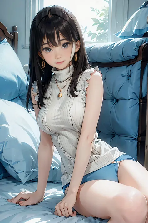 (Light Beige Turtleneck Sleeveless Knit)、light blue pantie、Light Blue Bra、20 year old girl, breasts of medium size,, Puffy nipple、brown haired、Long Wave Hair、hotels room、on the beds、Lying on the bed necklace、Earring、knee high stockings、 ((Very detailed)), ...