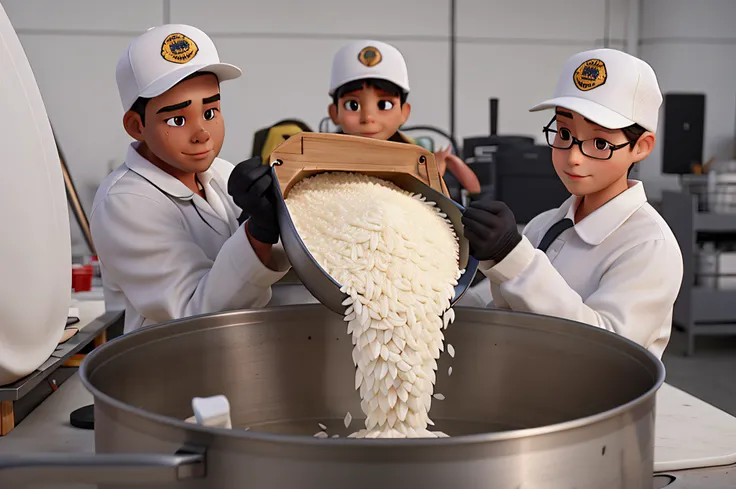 Workers in white hats are pouring rice into a large metal bowl, still photo, black gloves, image quality