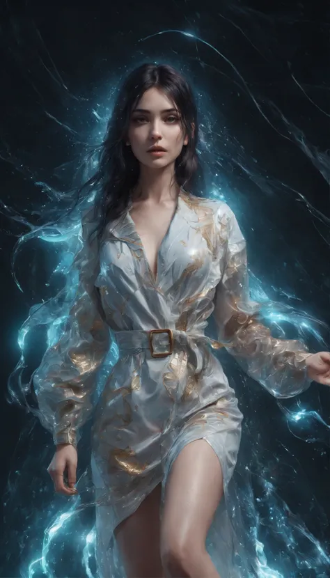 25-years-old model woman, wet black hair, full body, glamour, detailed eyes, beautiful face, wearing wet white and gold ((full body dress)) and wet gold short trench coat, wet skin, night sky, rain, hyper detailed painting, luminism, art by Carne Griffiths...