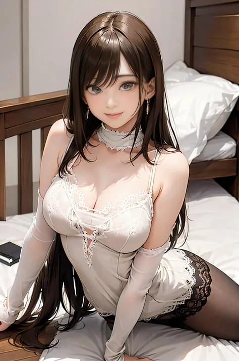 Light Beige Turtleneck Sleeveless Knit、White lace underwear、20 year old girl, breasts of medium size,, (Tron bulge in the chest)、((lyin in bed))、brown haired、Long Wave Hair、hotels room, a necklace、Earring、knee high stockings、 ((Very detailed)), (Shy smile)...