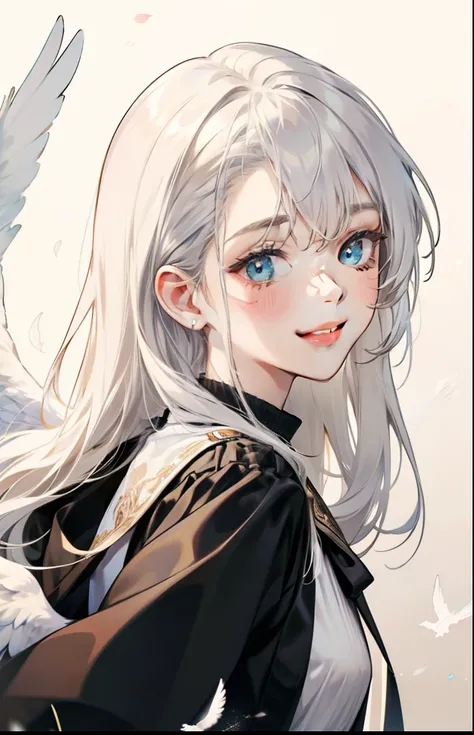 girl with、Background white、without background、white  hair、The long-haired、with blush cheeks、angelicales、feathered、angel、pluma、frilld、Smiling、kawaii、without background