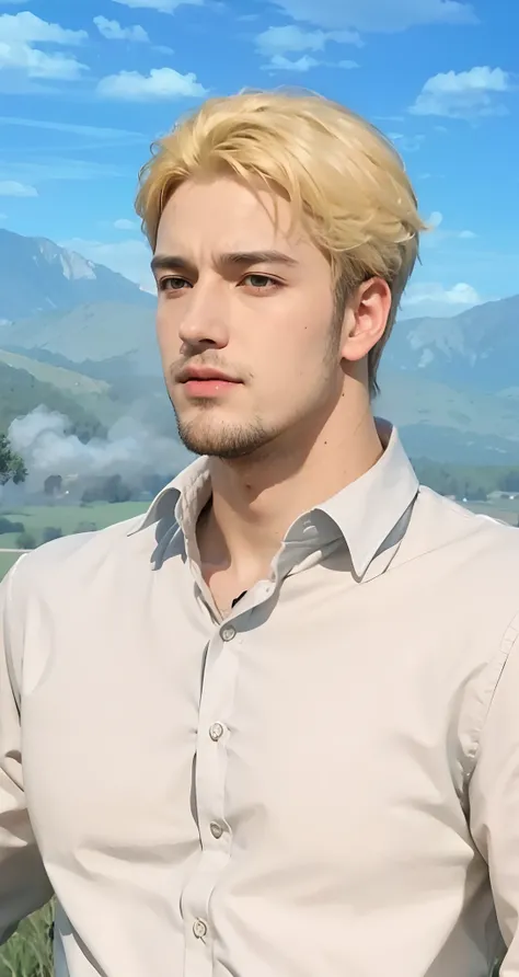 Real life adaption of this character, adult Handsome face, realistic same hair, (realistic same outfit), realistic same background battlefield with black smoke, realistic light, realistic shadow, realism, hyper realistic,(photorealistic:1.2)