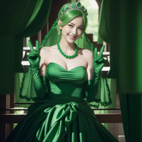 emerald tiara, Green Pearl Necklace, Boyish very short green hair, lipsticks, Japan woman smiling, very short short hair, big breasts beautiful, Green eyes, Long green gloves made of satin material, Green eyes