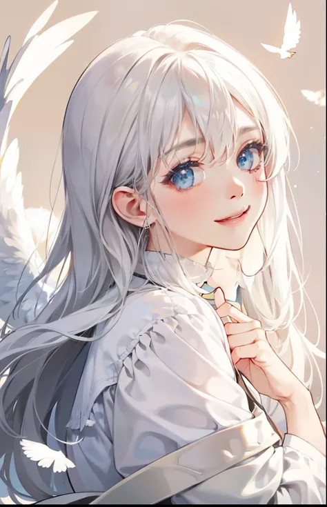 girl with、Background white、without background、white  hair、The long-haired、with blush cheeks、angelicales、feathered、angel、pluma、frilld、Smiling、kawaii、without background