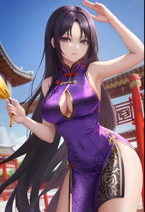 A woman，Wear a purple cheongsam，Long black hair，The long white glove extends to the elbows，Chinese Ancient Architecture，