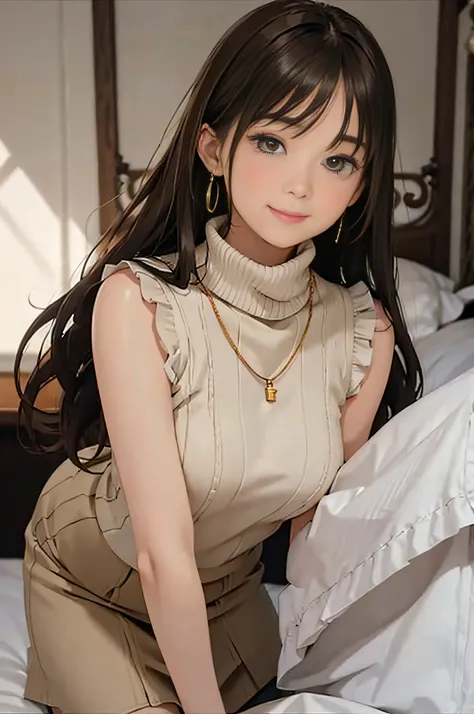 (Light Beige Turtleneck Sleeveless Knit、pencil skirts、knee high stockings)、20 year old girl, breasts of medium size,, Puffy nipple、brown haired、Long Wave Hair、hotels room、(Sleeping on the bed)、((Pleasant look))、a necklace、Earring、 (Very detailed), Shy smil...