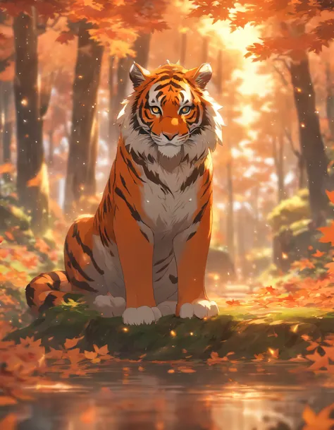 (Best quality,4K,8K,A high resolution,Masterpiece:1.2),Ultra-detailed,(Realistic,Photorealistic,photo-realistic:1.37),Colorful autumn scenery,Lone tiger,Cute tiger,autumn forest,Tiger in a maple leaf cape,Hidden tigers,Tree roots,Rainy days,tranquil ambian...