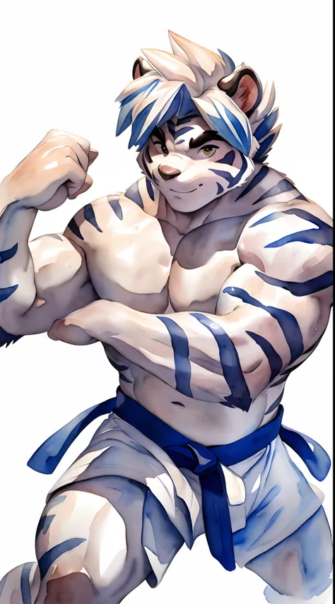 Hominidae, Pose for Camera. 4K, high resolution, Best quality, posted on e621, (Two anthropomorphic white tigers:1.2), male people, 20yr old, Thick eyebrows, Light blue stripes, Ultra-short hair, shaggy, Strong body, large pecs, ((Shirtless)), They are pra...