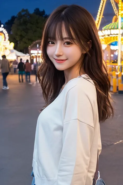 masterpiece, top quality, highly detailed CG Unity 8k wallpaper, cute girl, girlfriend, casual clothes, smile, amusement park, night, detailed background, from the side,