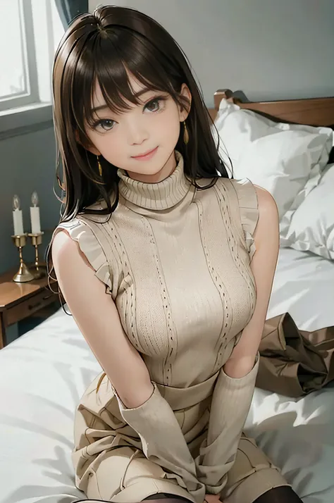 (Light Beige Turtleneck Sleeveless Knit、pencil skirts、knee high stockings)、20 year old girl, breasts of medium size,, Puffy nipple、brown haired、Long Wave Hair、hotels room、((Lying on the bed))、(((Pleasant look)))、a necklace、Earring、 (Very detailed), Shy smi...